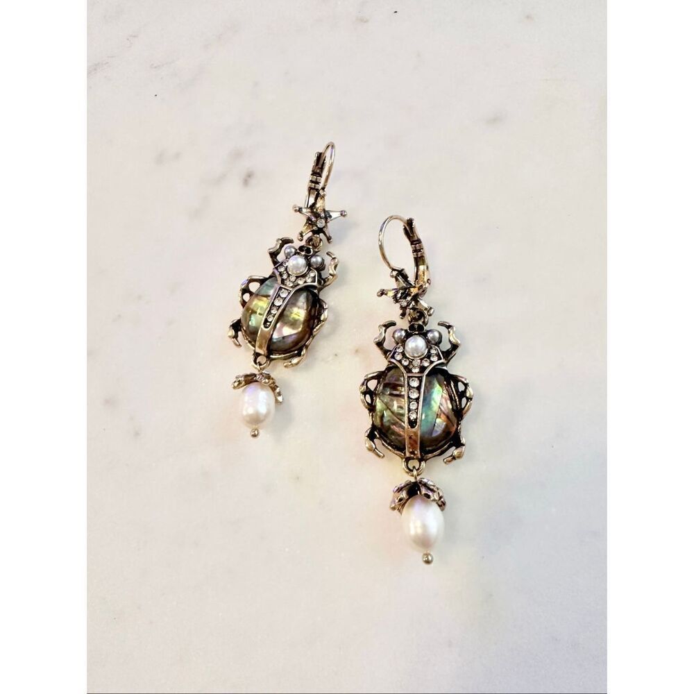 Abalone scarab dangle earrings with faux pearl detail